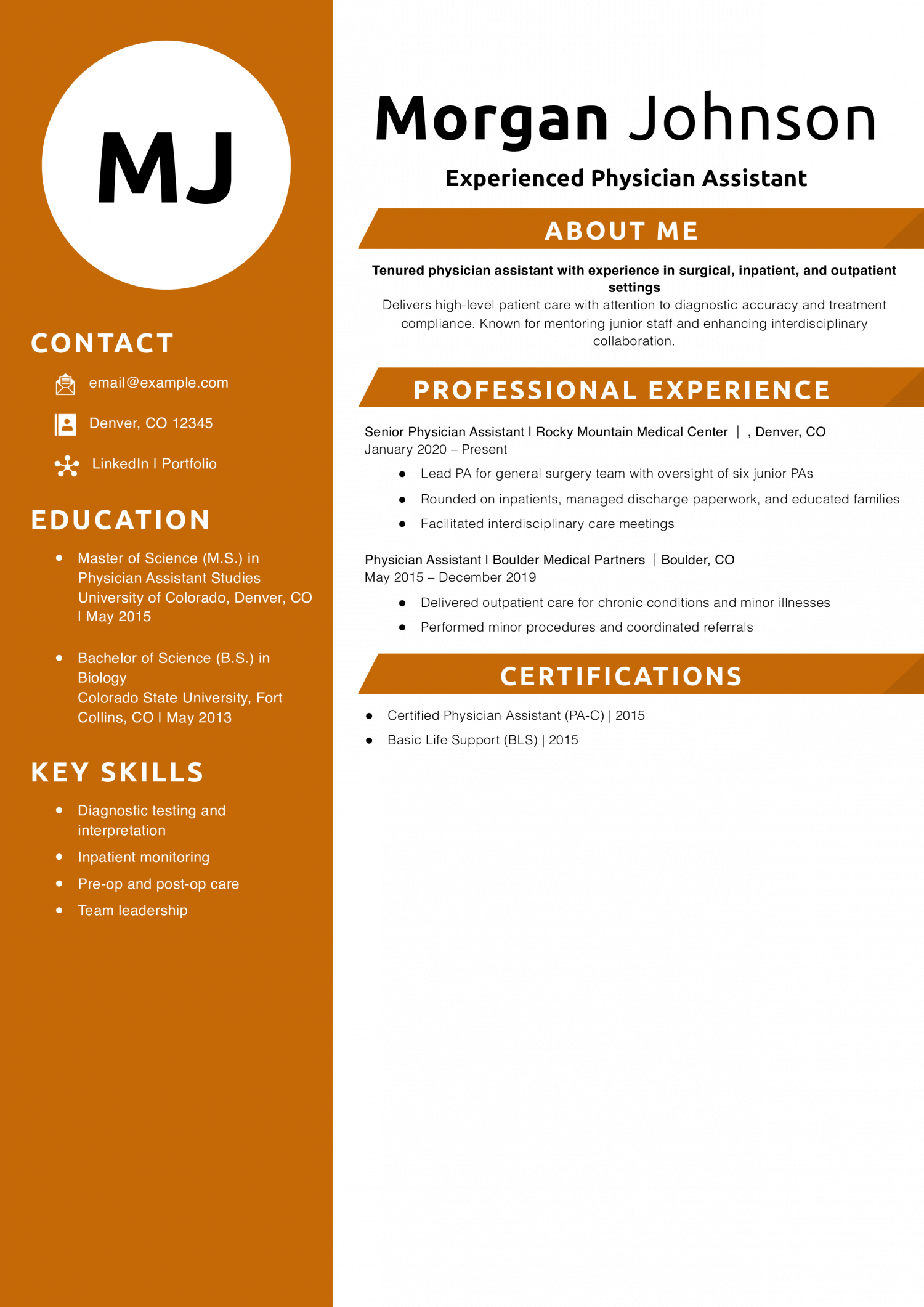 Experienced Physician Assistant Resume Example
