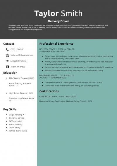 Delivery Driver Resume Example