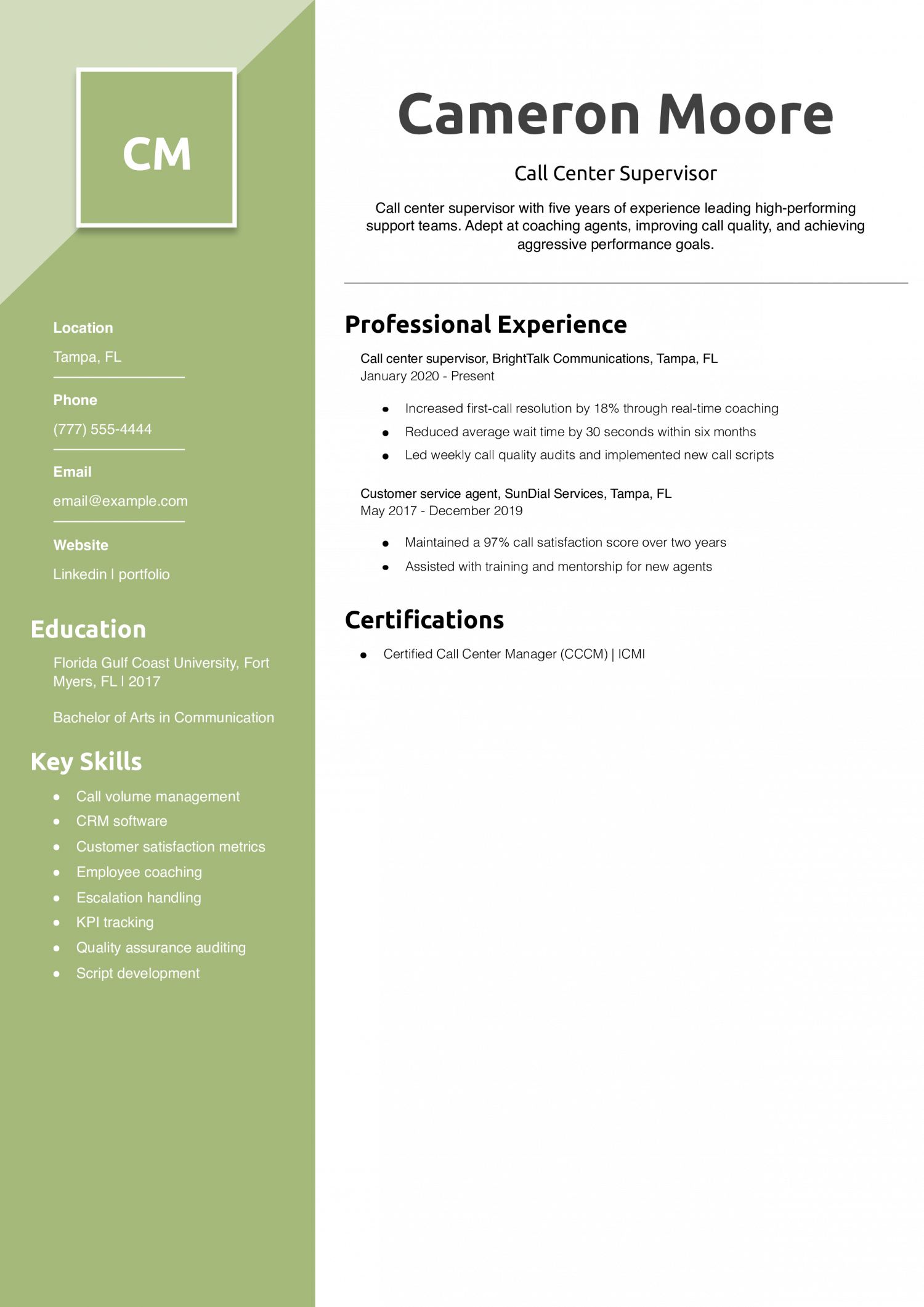 Call Center Supervisor Resume Example