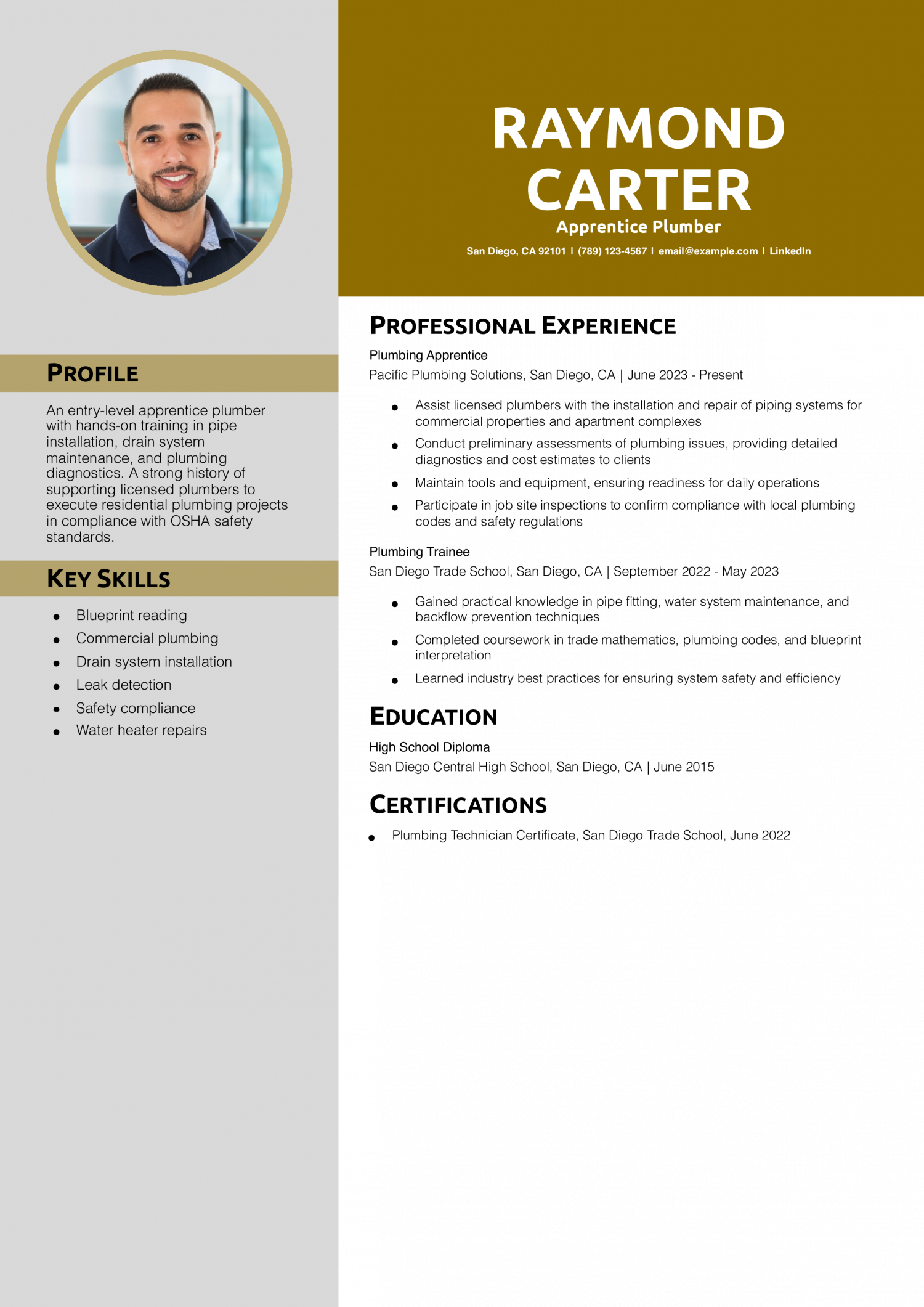 Apprentice Plumber Resume Example