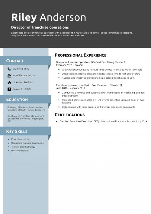 Director of franchise operations resume example