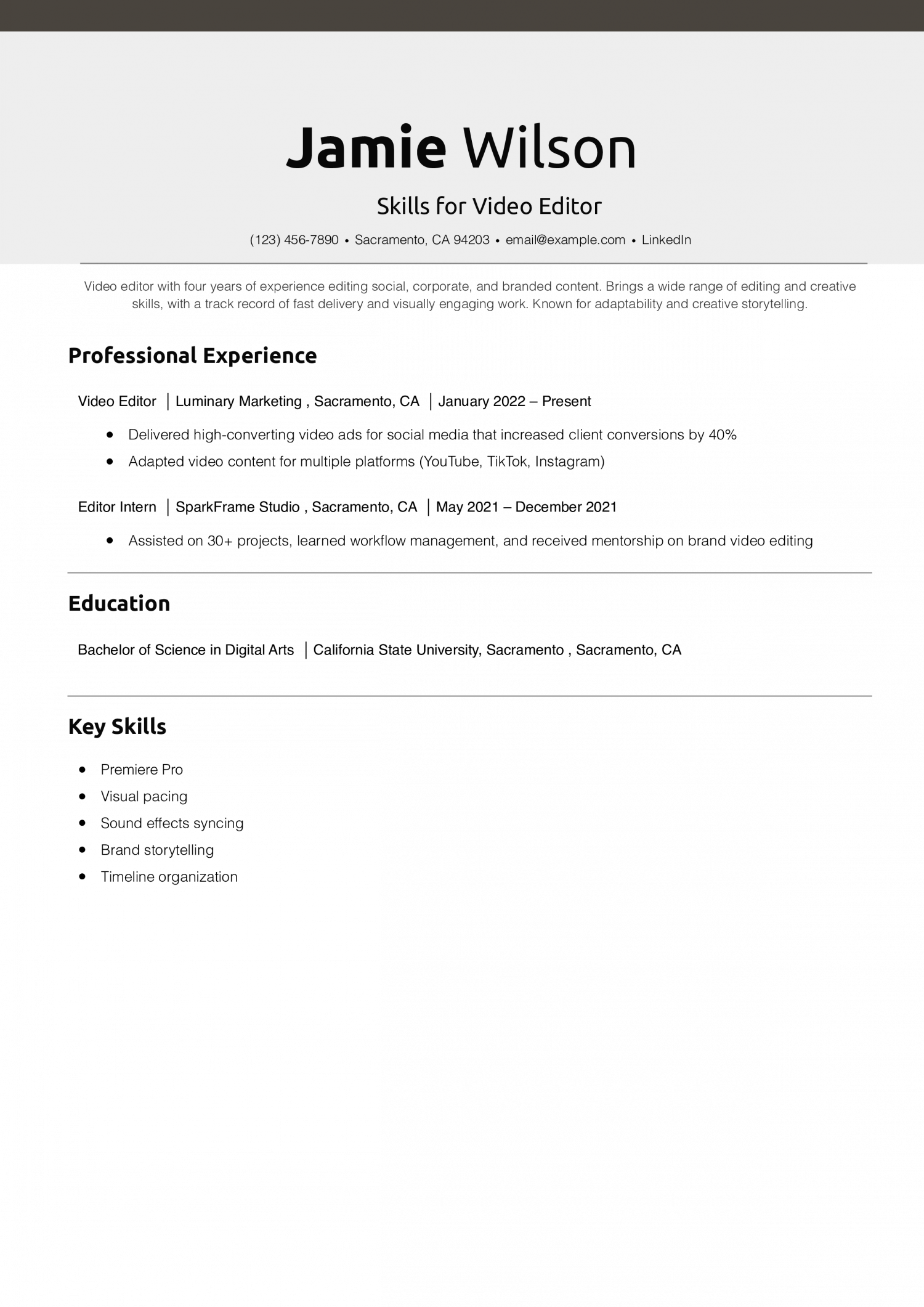 Skills for Video Editor Resume Example