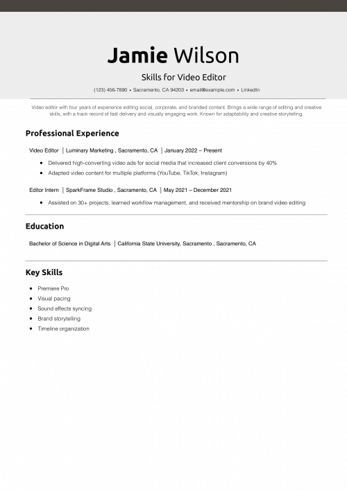 Skills for Video Editor Resume Example 