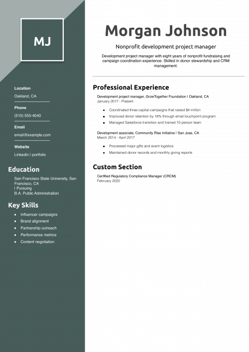 Nonprofit development project manager resume