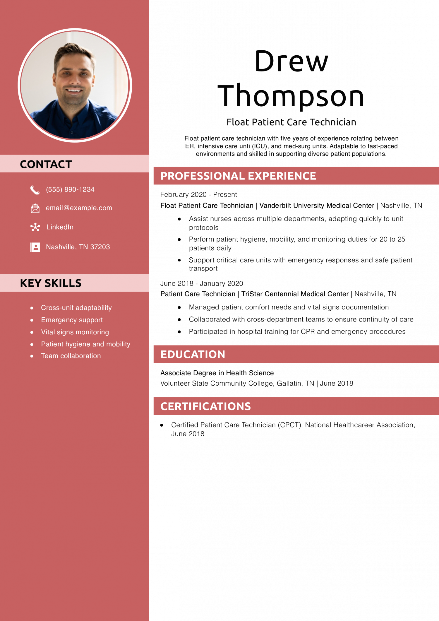 Float Patient Care Technician Resume Example