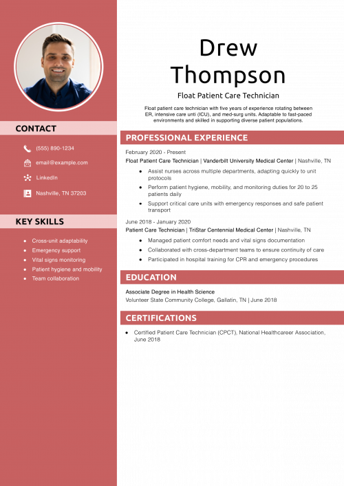 Float Patient Care Technician Resume Example