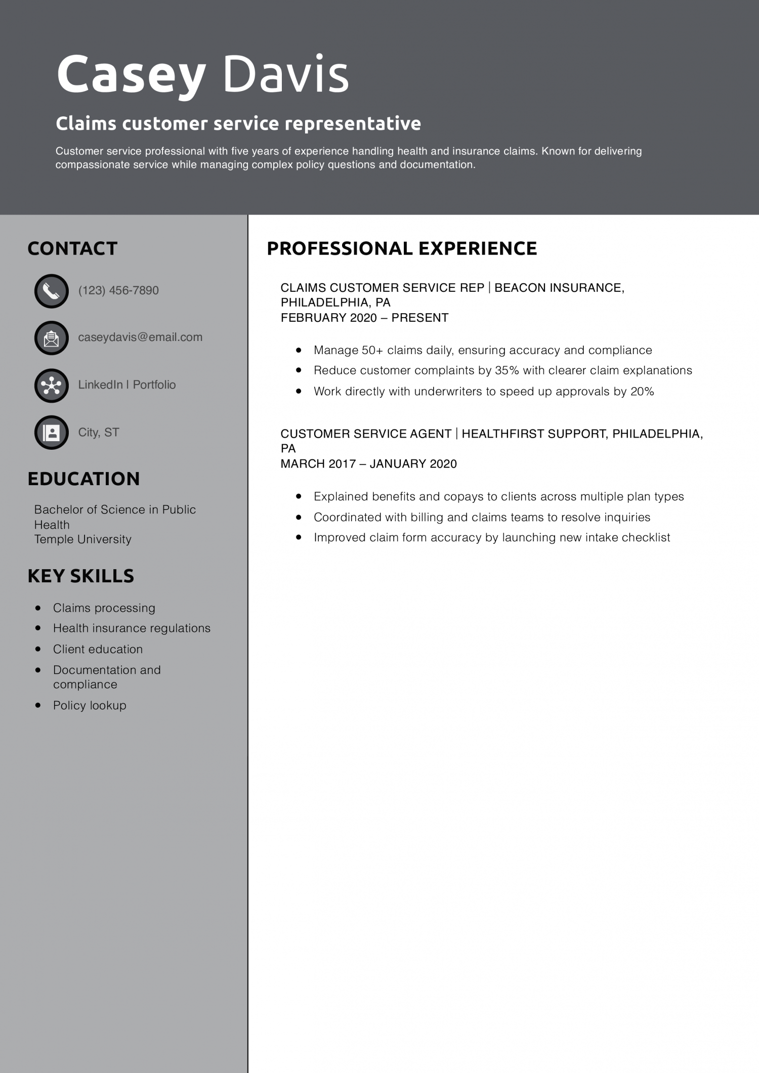 Claims customer service representative resume
