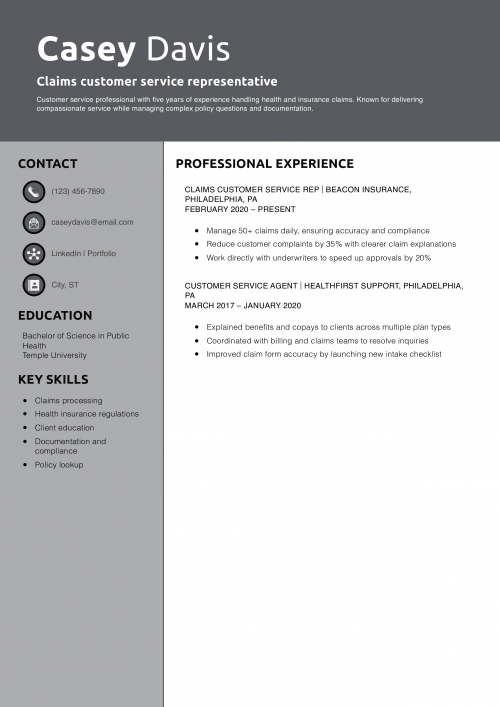 Claims customer service representative resume 