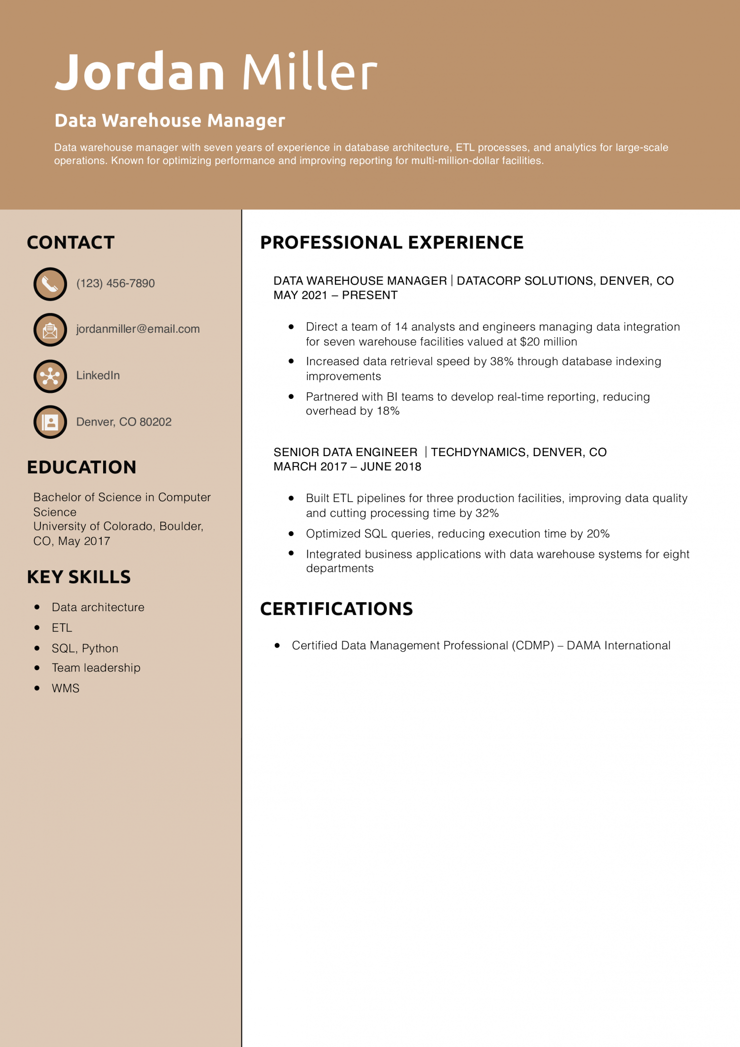 Data Warehouse Manager Resume Example