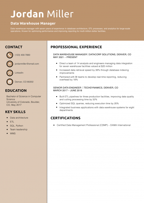 Data Warehouse Manager Resume Example