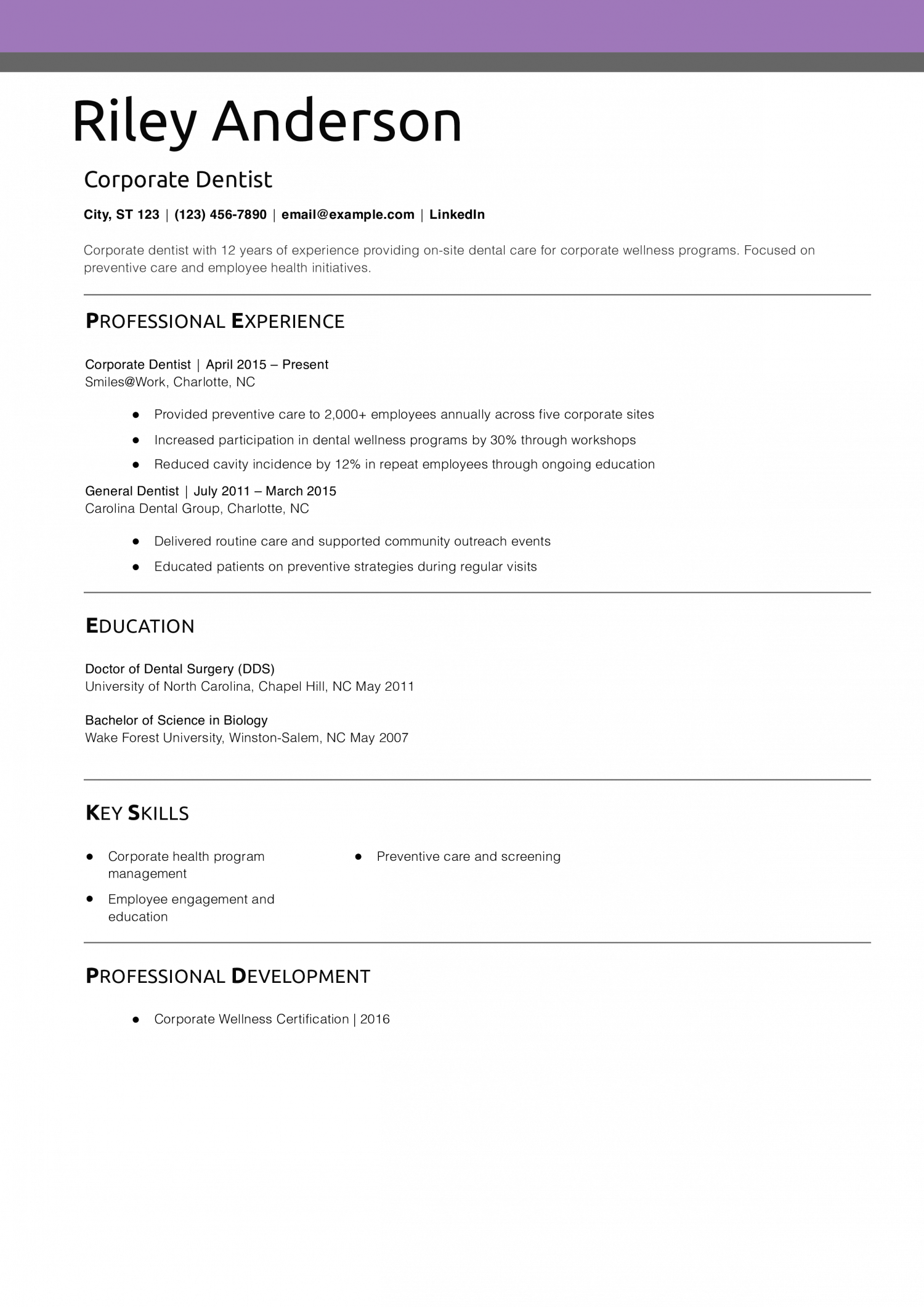 Corporate Dentist Resume Example