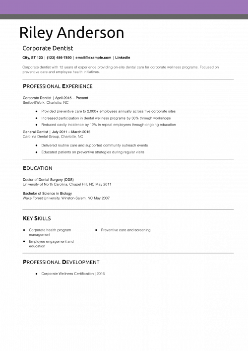 Corporate Dentist Resume Example
