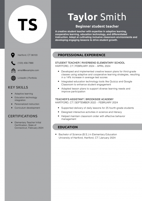 Beginner student teacher resume example