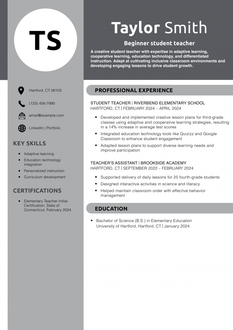 Beginner student teacher resume example