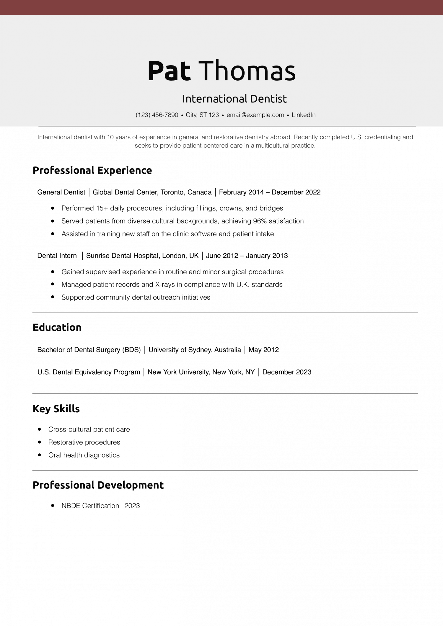 International Dentist Resume Example