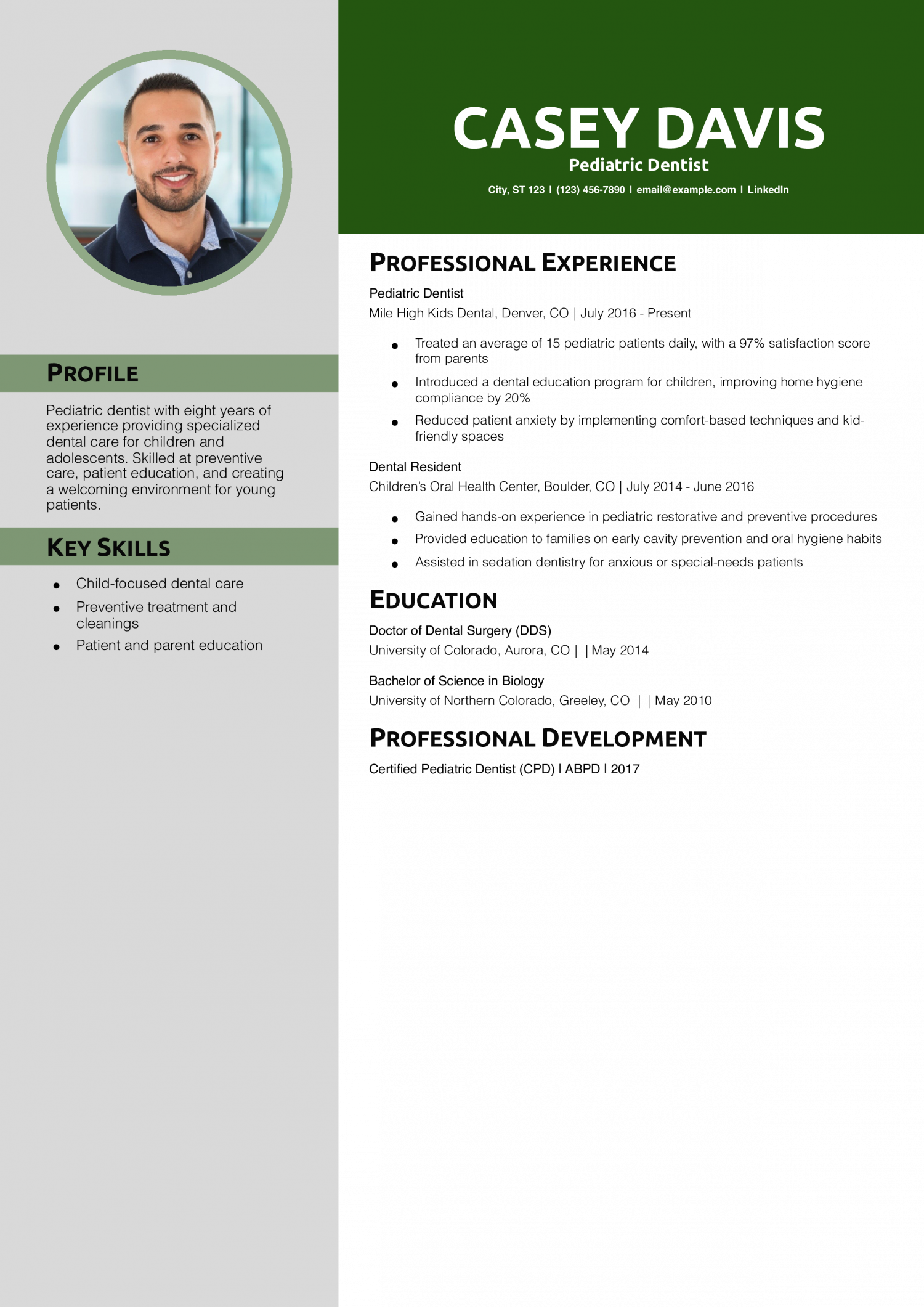 Pediatric Dentist Resume Example