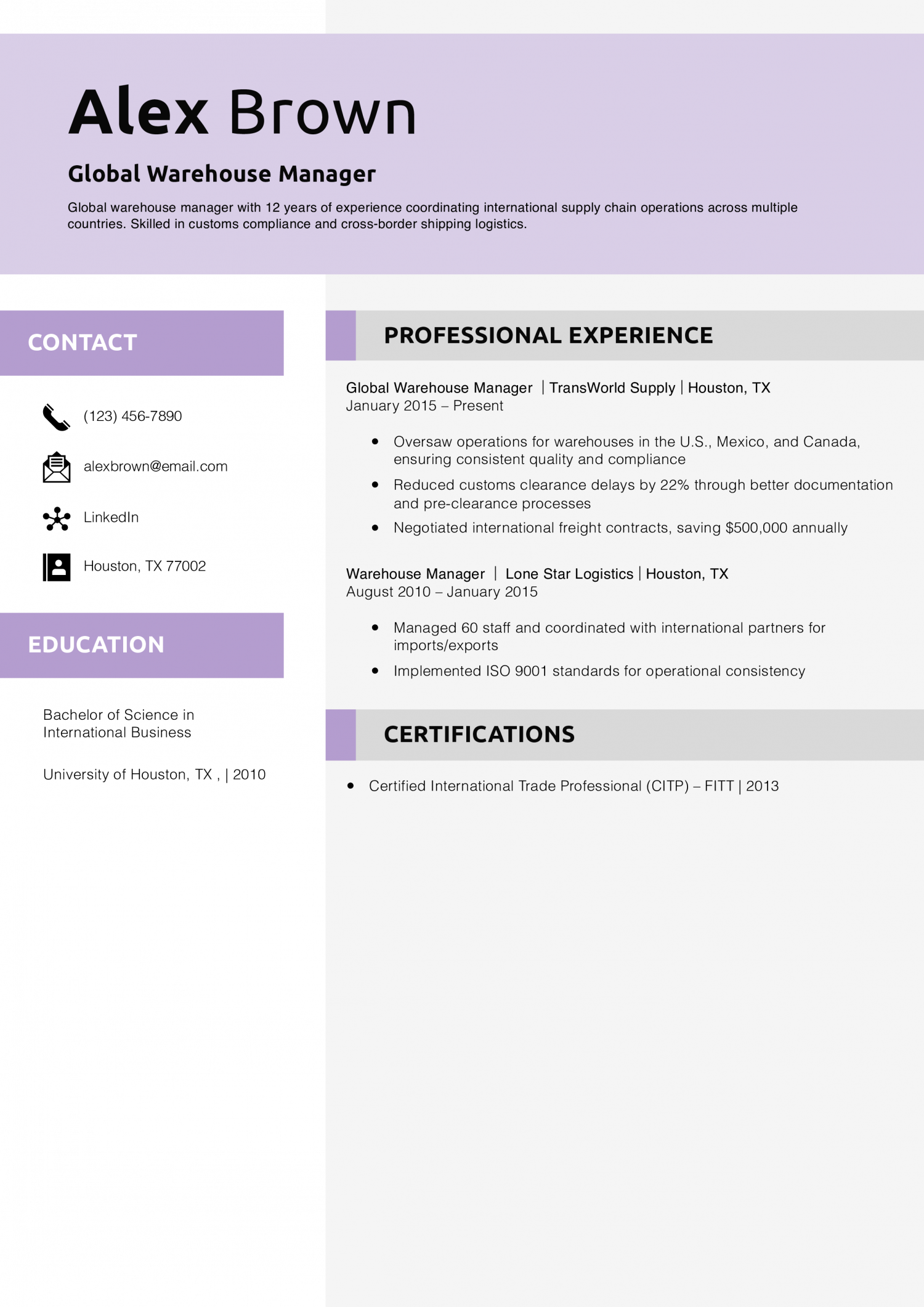 Global Warehouse Manager Resume Example