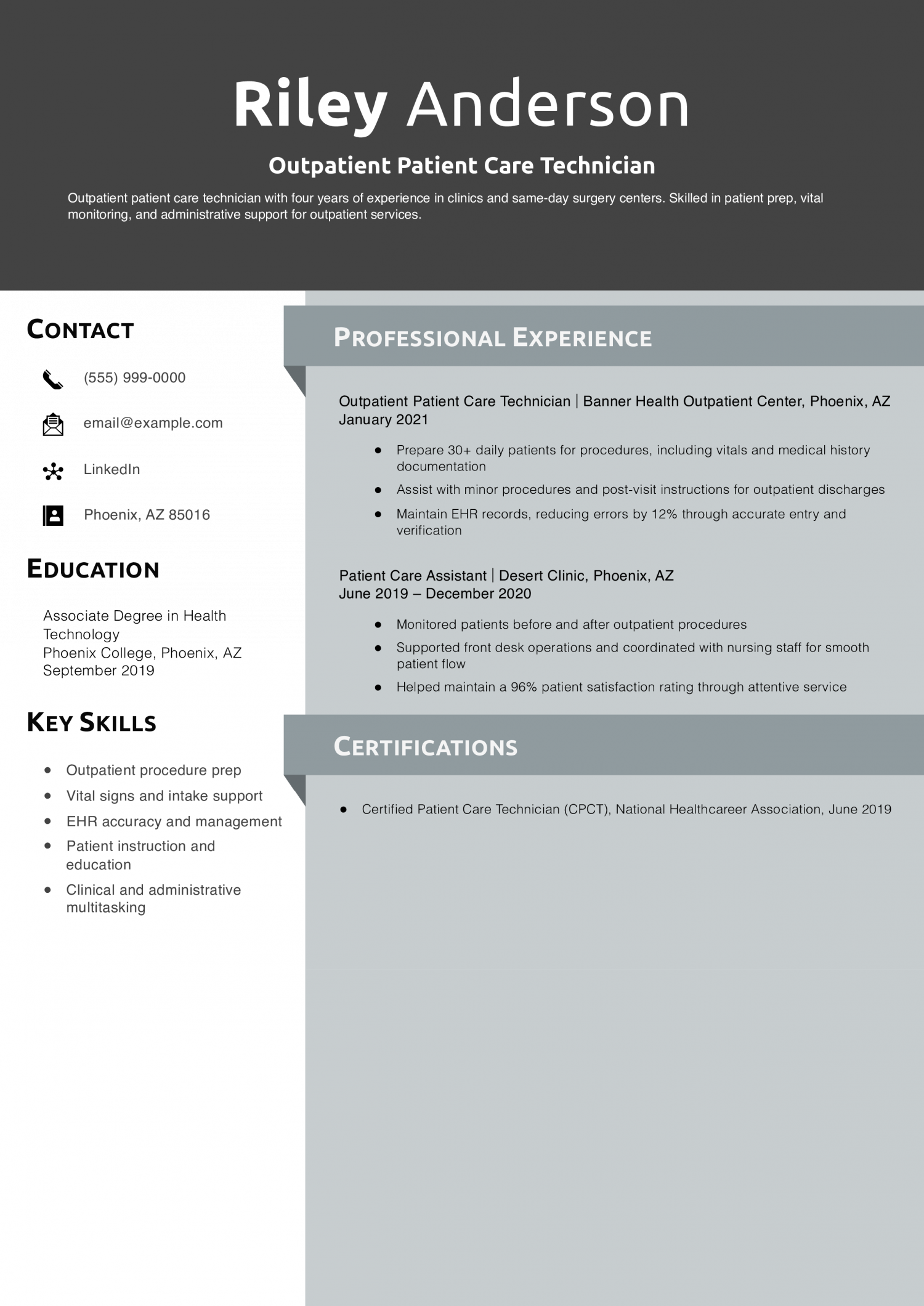 Outpatient Patient Care Technician Resume Example