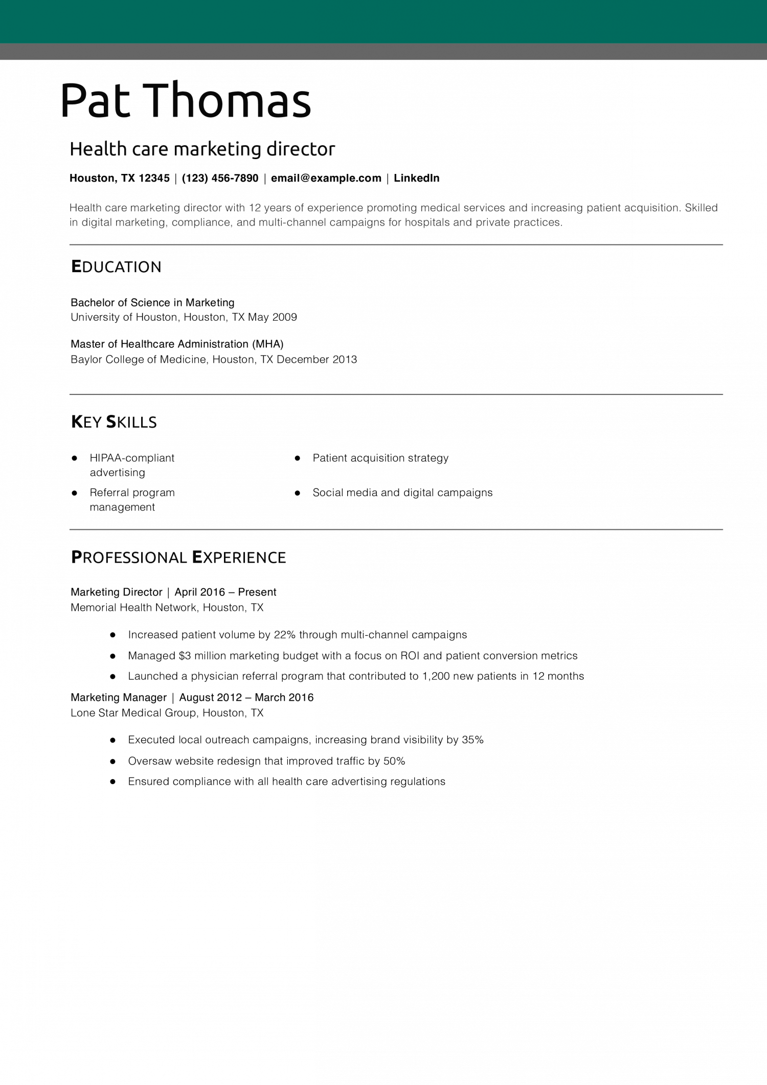 Health care marketing director resume example