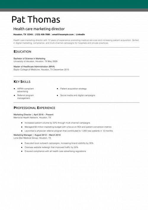 Health care marketing director resume example