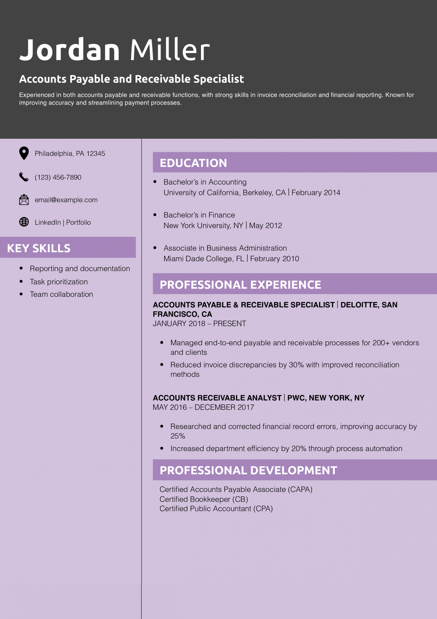 Accounts Payable and Receivable Specialist Resume Example