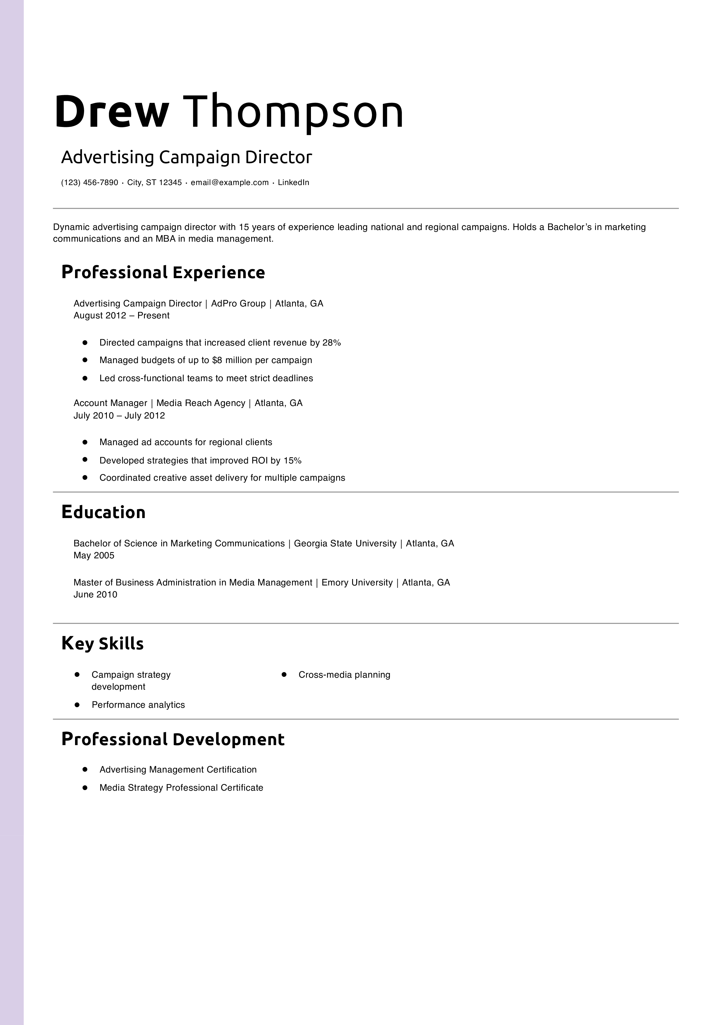 Advertising Campaign Director Resume Templates