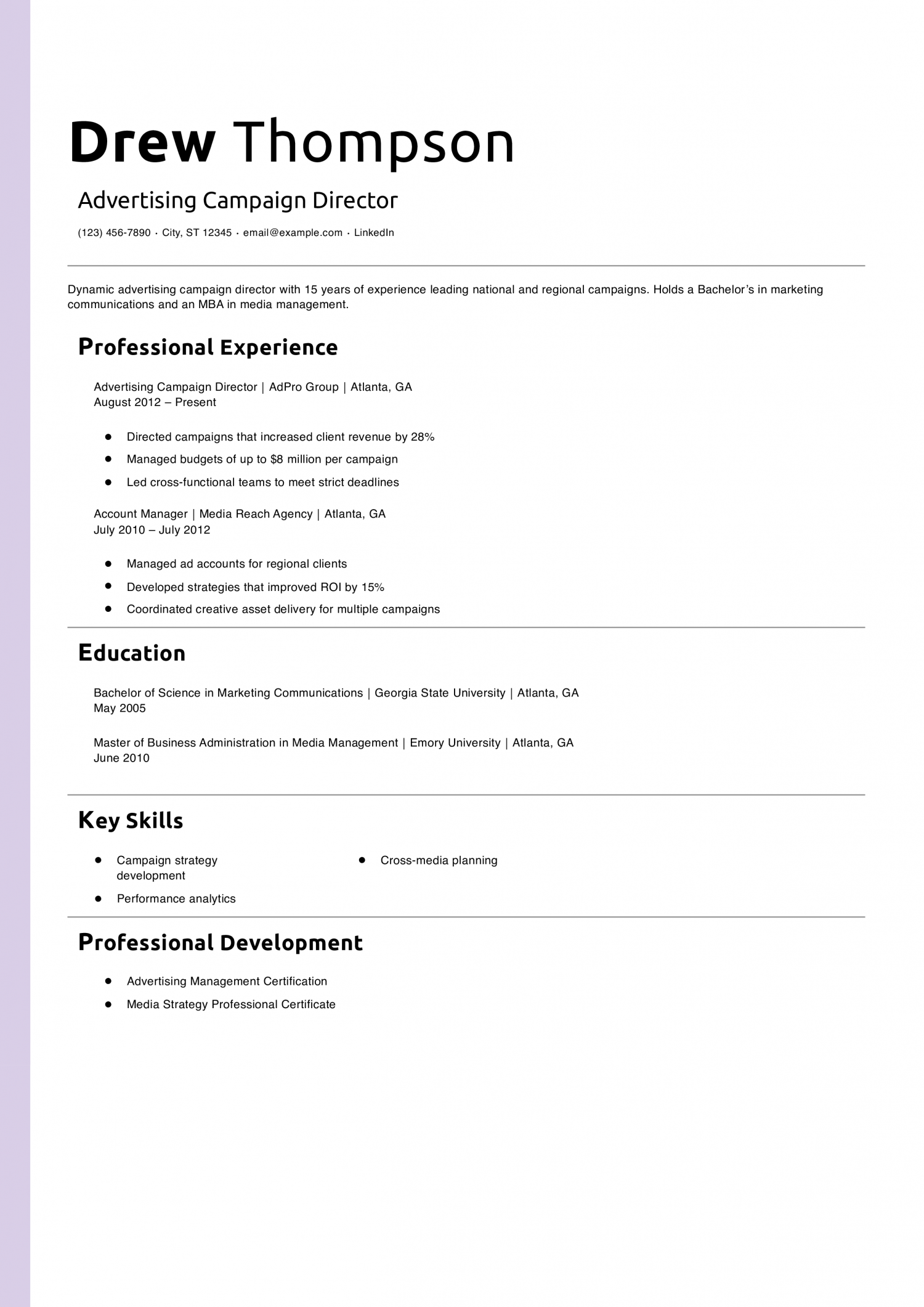 Advertising Campaign Director Resume Example