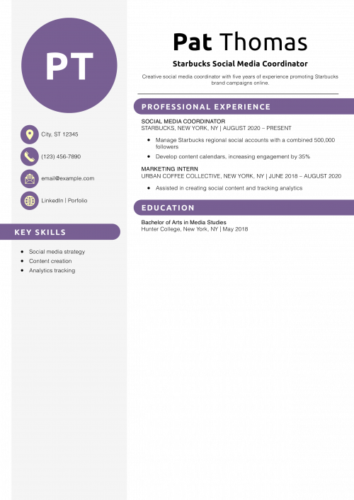 Starbucks Social Media Coordinator Resume Example