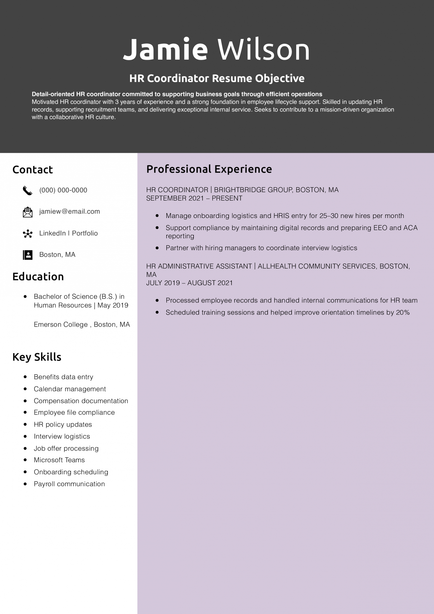 HR Coordinator Resume Objective 