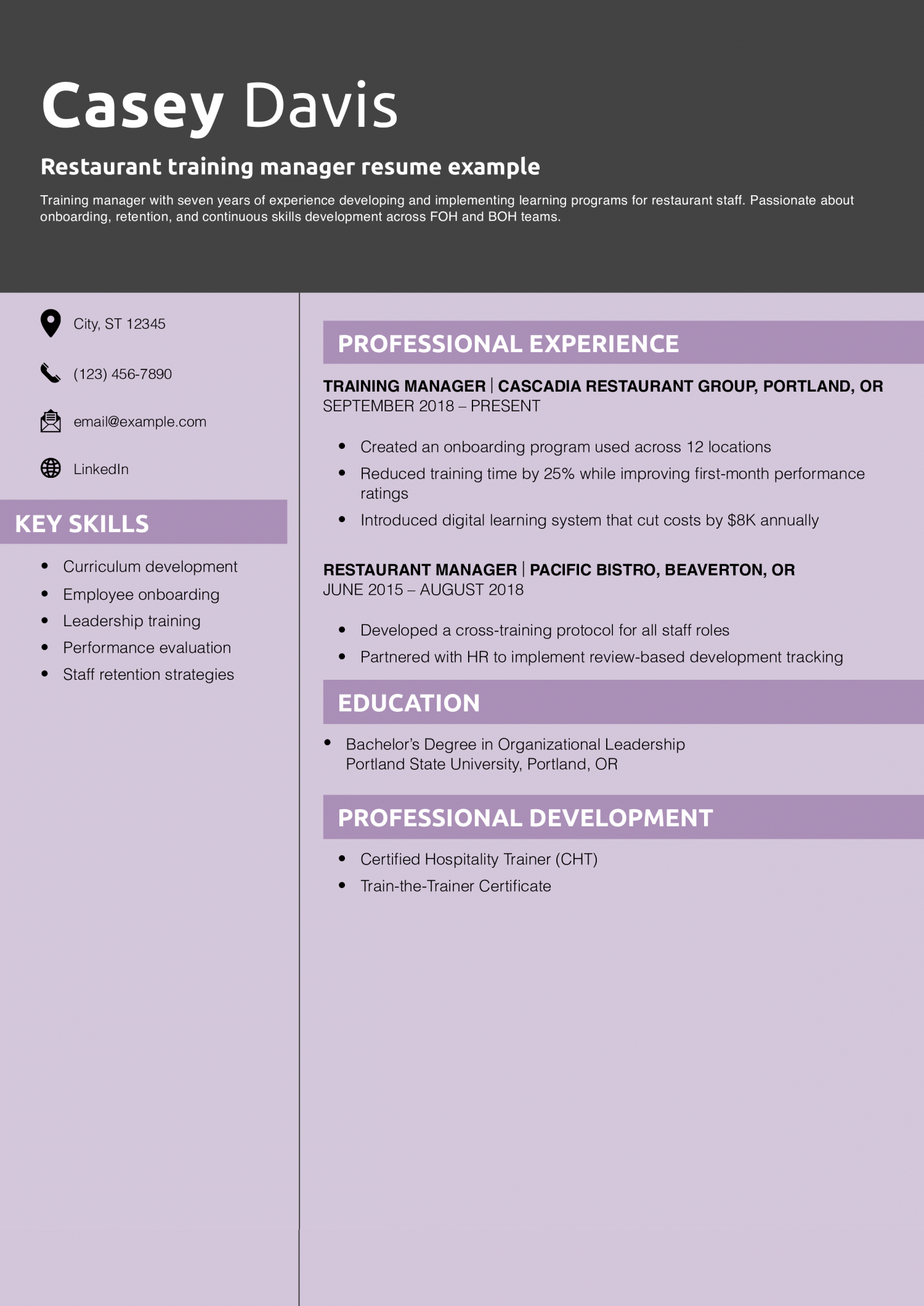 Restaurant training manager resume example