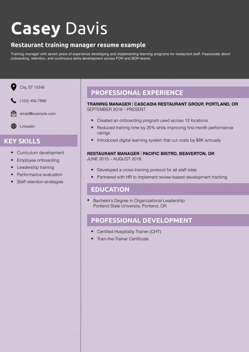 Restaurant training manager resume example