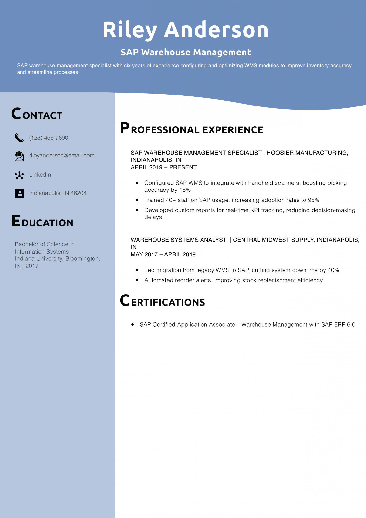 SAP Warehouse Management Resume Example