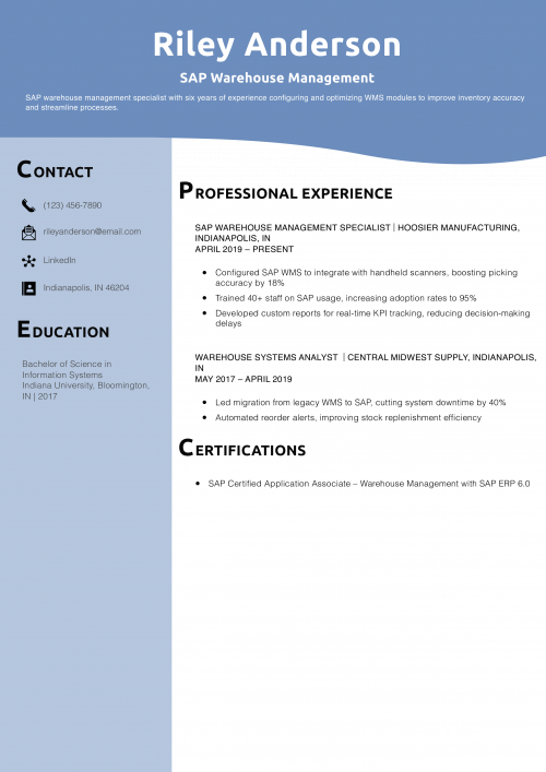 SAP Warehouse Management Resume Example