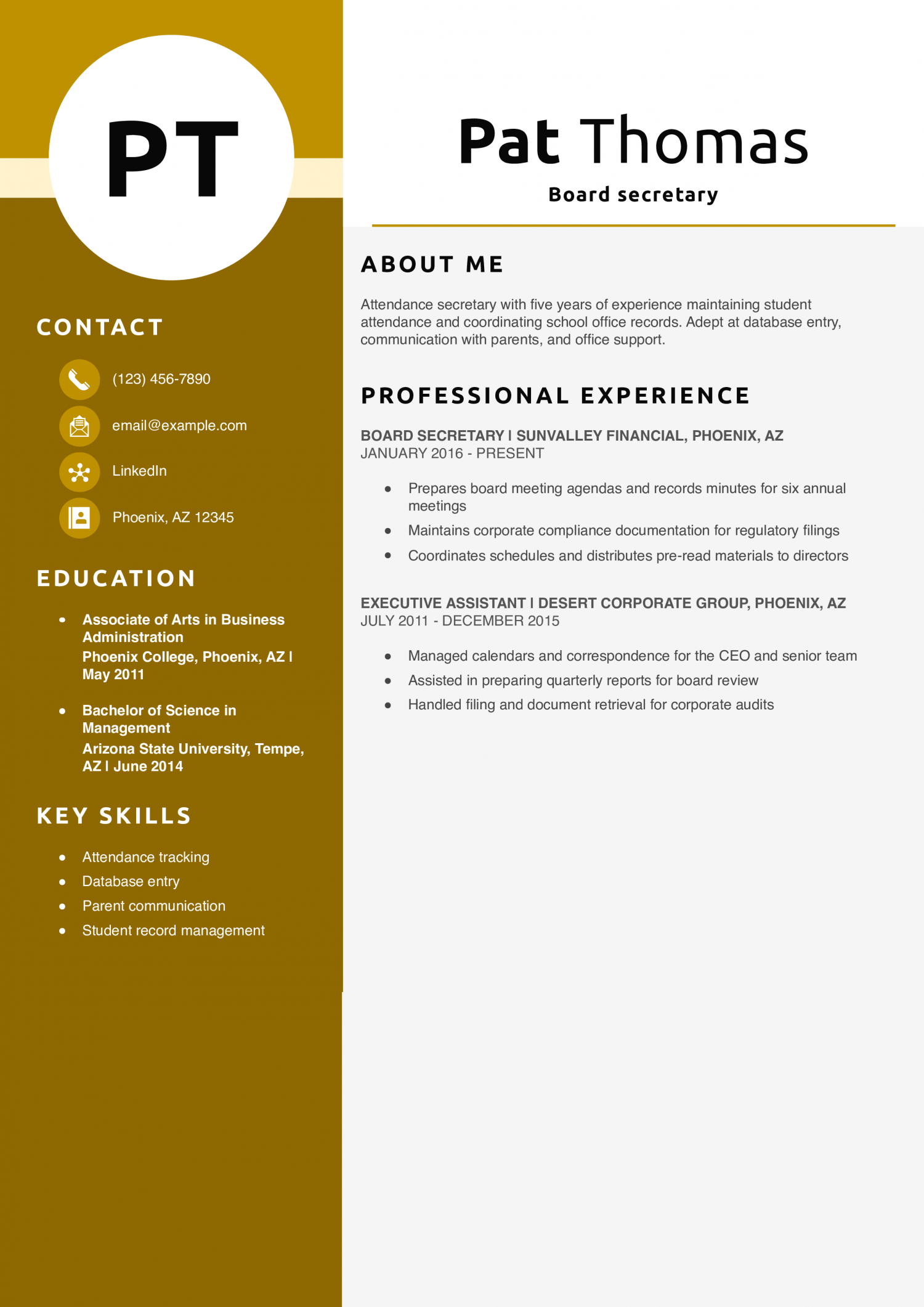 Board secretary resume example