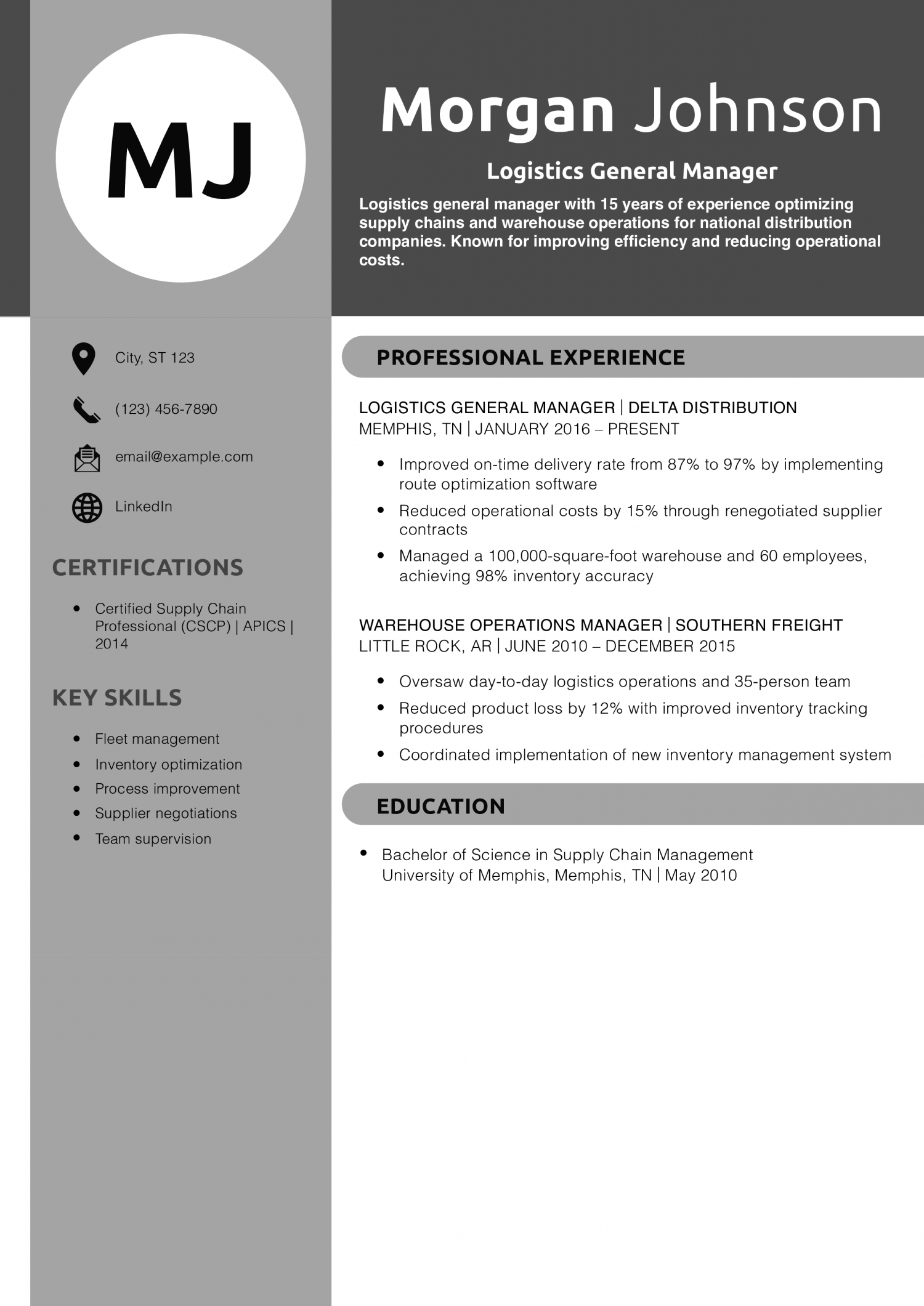 Logistics General Manager Resume Example