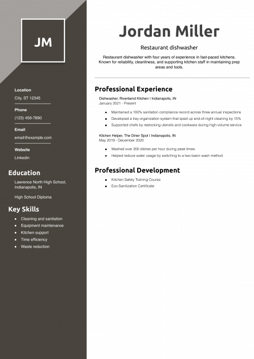 Restaurant dishwasher resume example