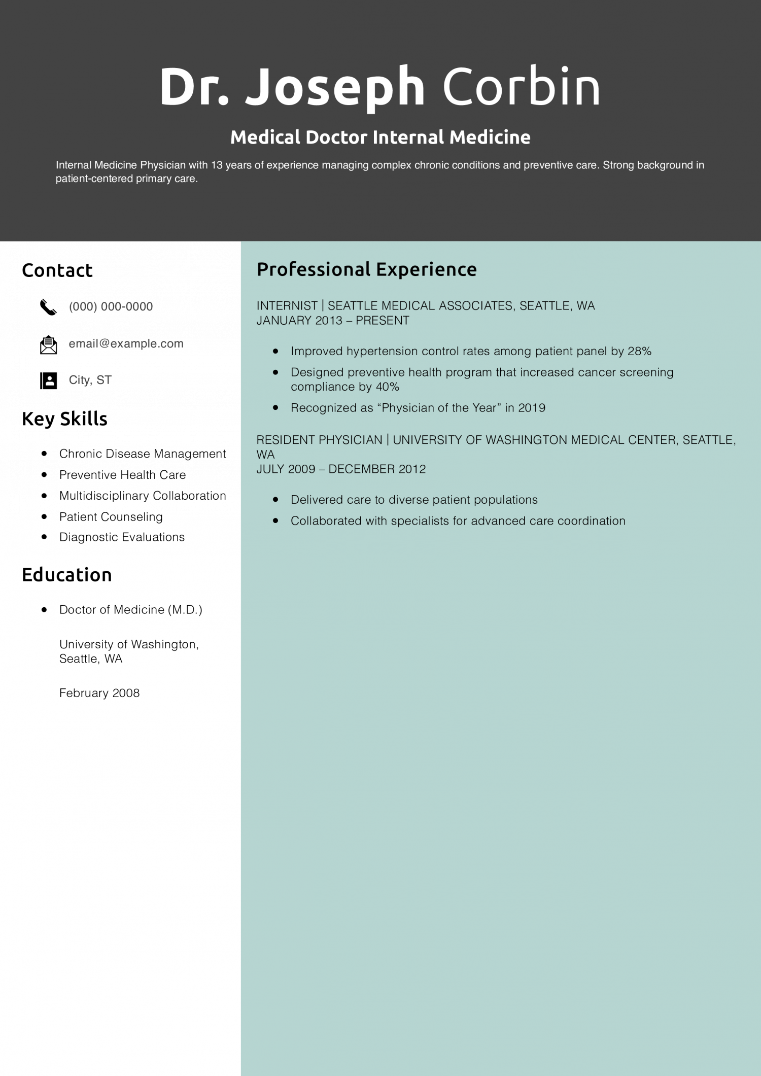 Medical Doctor Internal Medicine Resume