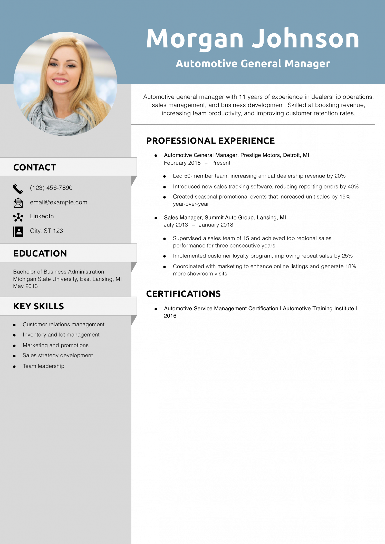 Automotive General Manager Resume Example