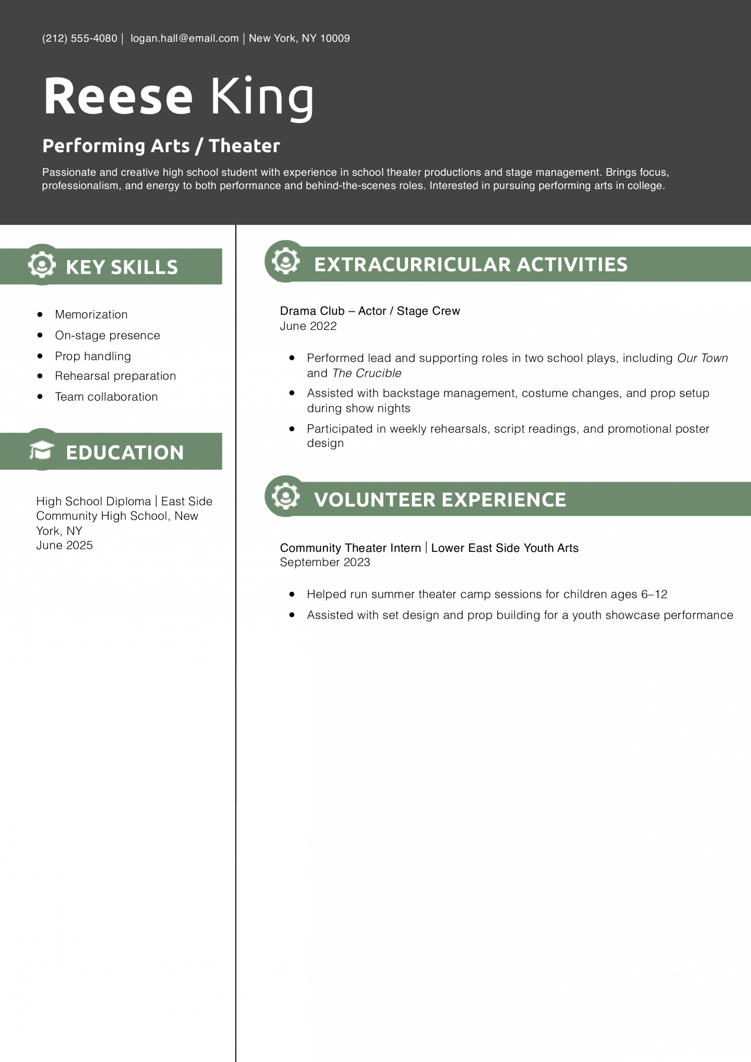 Teenager Resume Example – Performing Arts / Theater