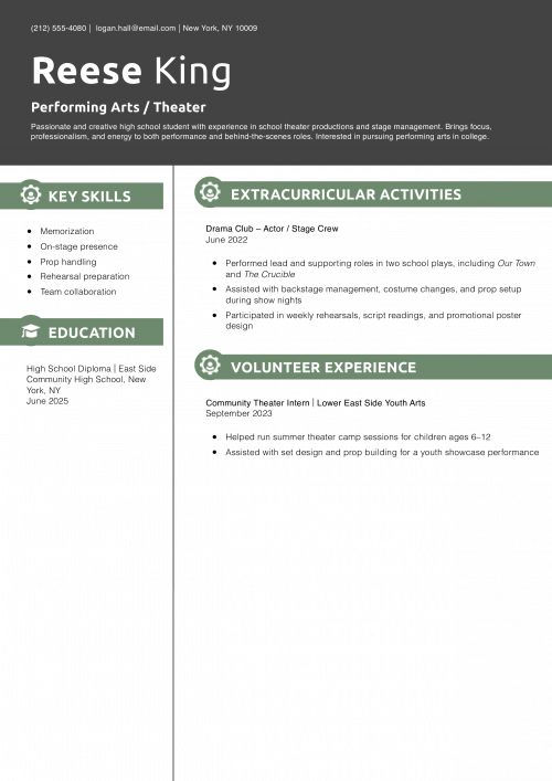 Teenager Resume Example – Performing Arts / Theater