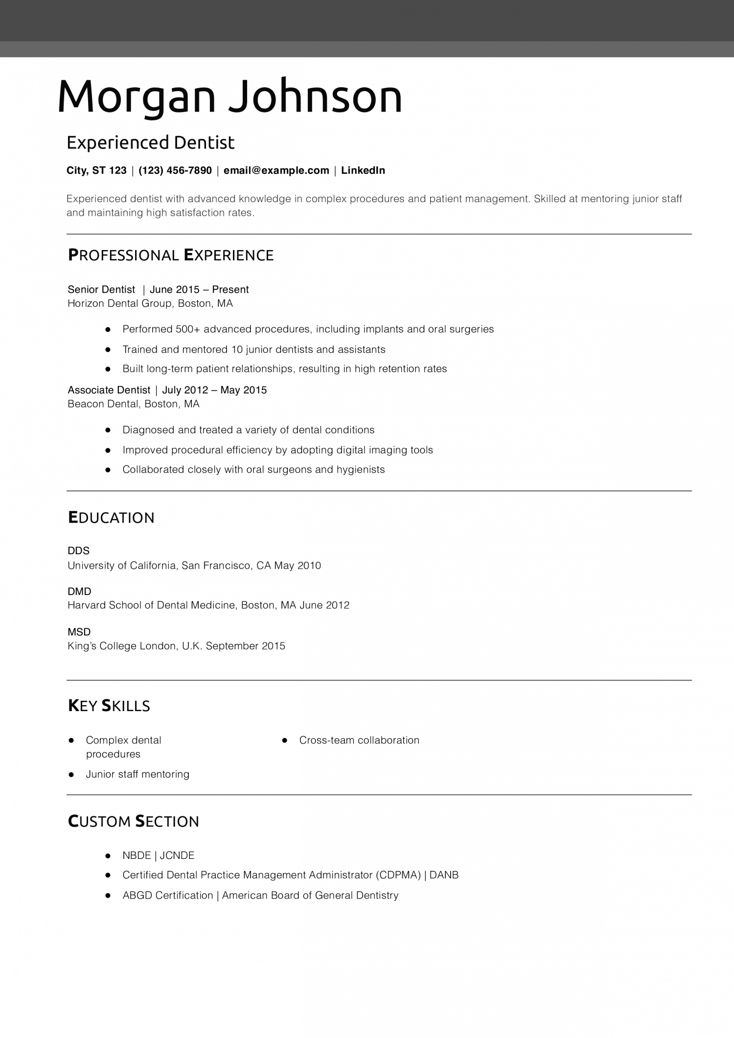 Experienced Dentist Resume Example