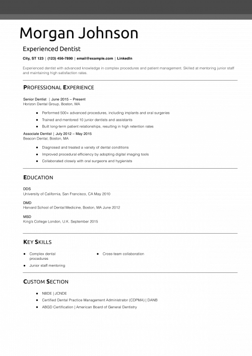 Experienced Dentist Resume Example