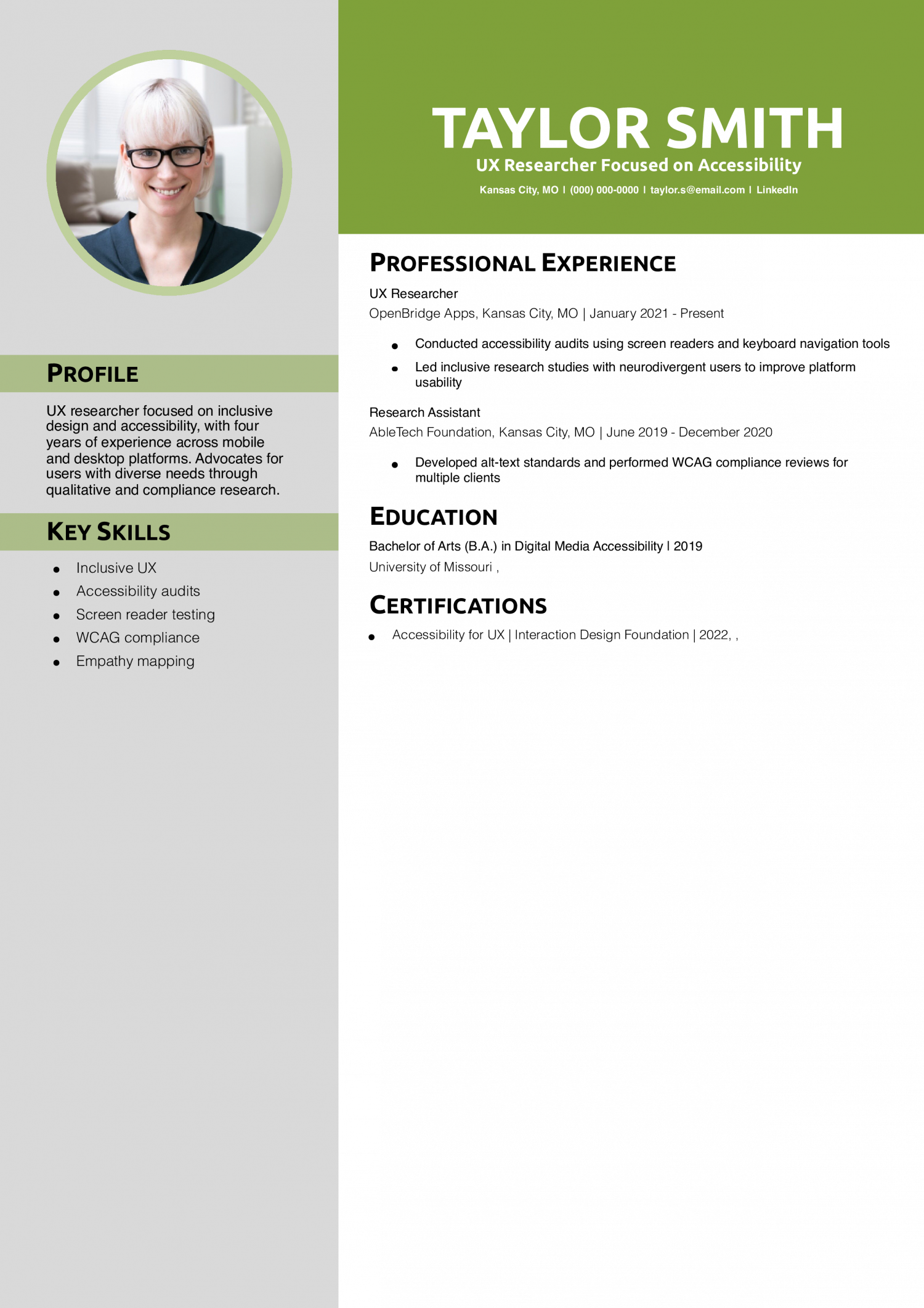 UX Researcher Focused on Accessibility Resume Example