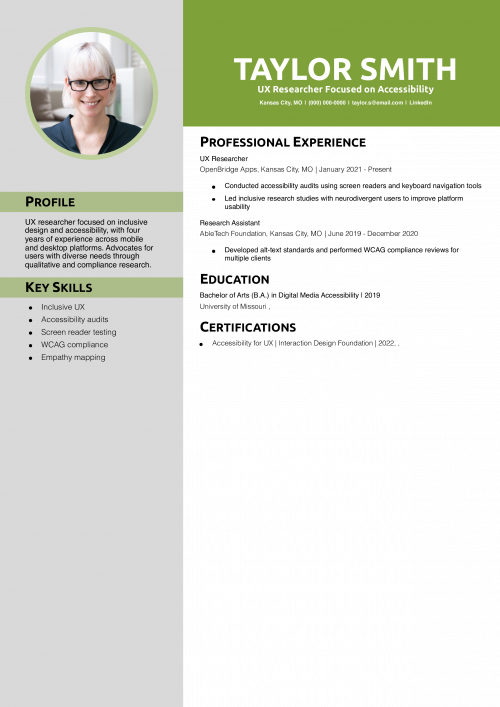 UX Researcher Focused on Accessibility Resume Example 