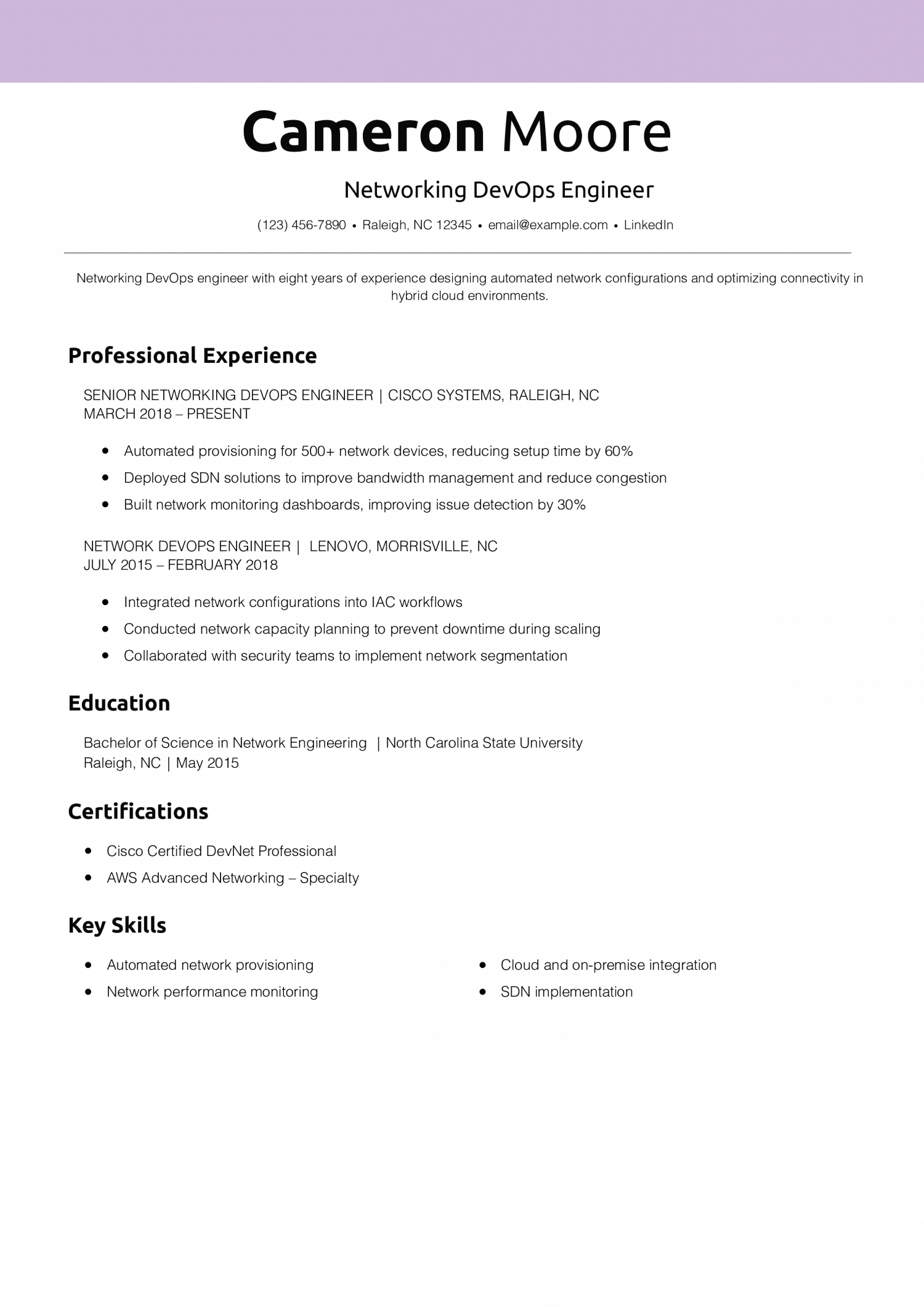 Networking DevOps Engineer Resume Example