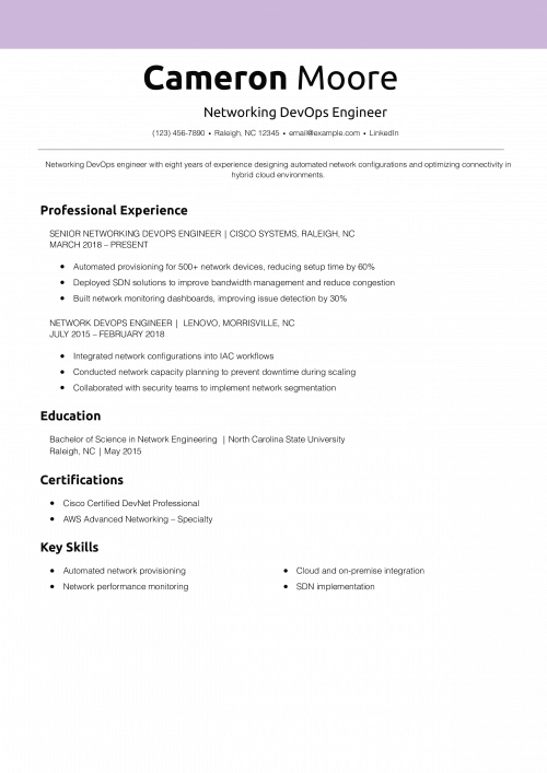 Networking DevOps Engineer Resume Example