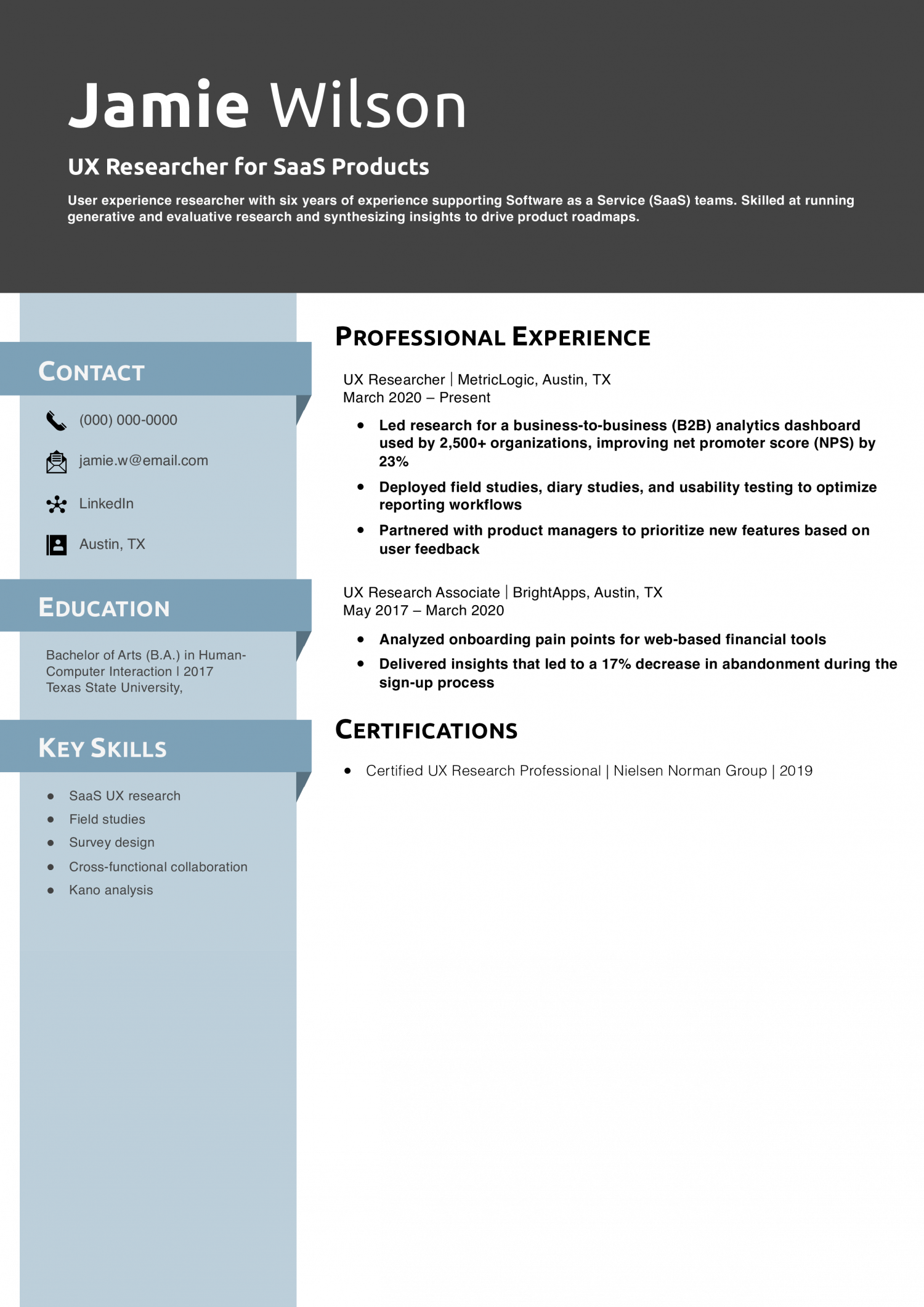 UX Researcher for SaaS Products Resume Example