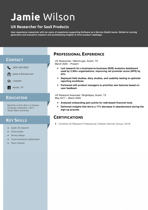 UX Researcher for SaaS Products Resume Example 