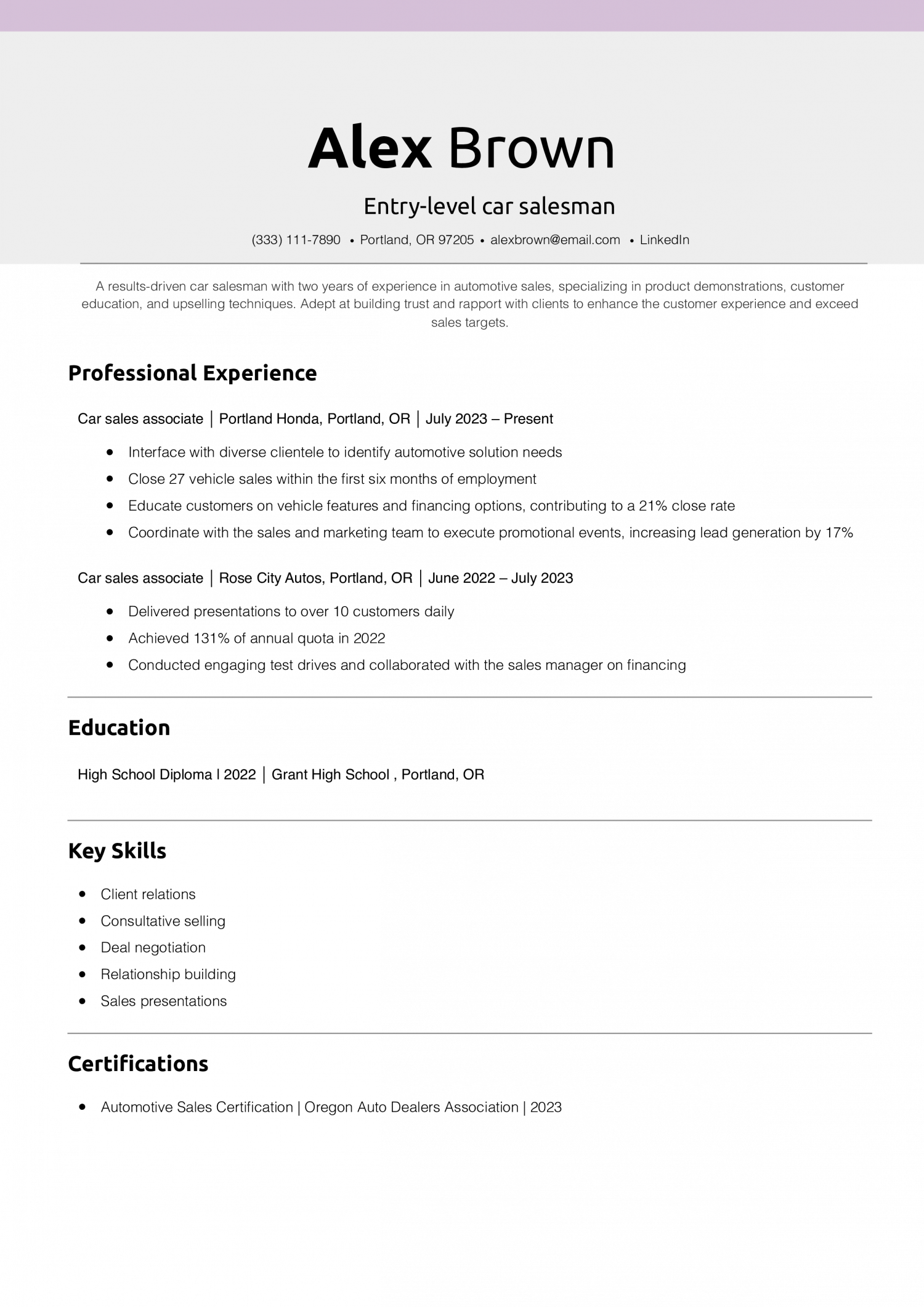 Entry-level car salesman resume example