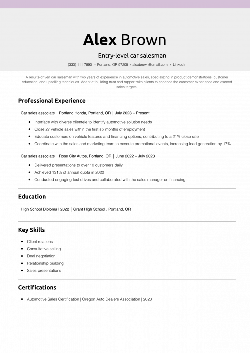 Entry-level car salesman resume example
